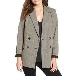 Trouve Blazer Houndstooth Plaid Double Breasted S Brown Windowpane Jacket Luxe